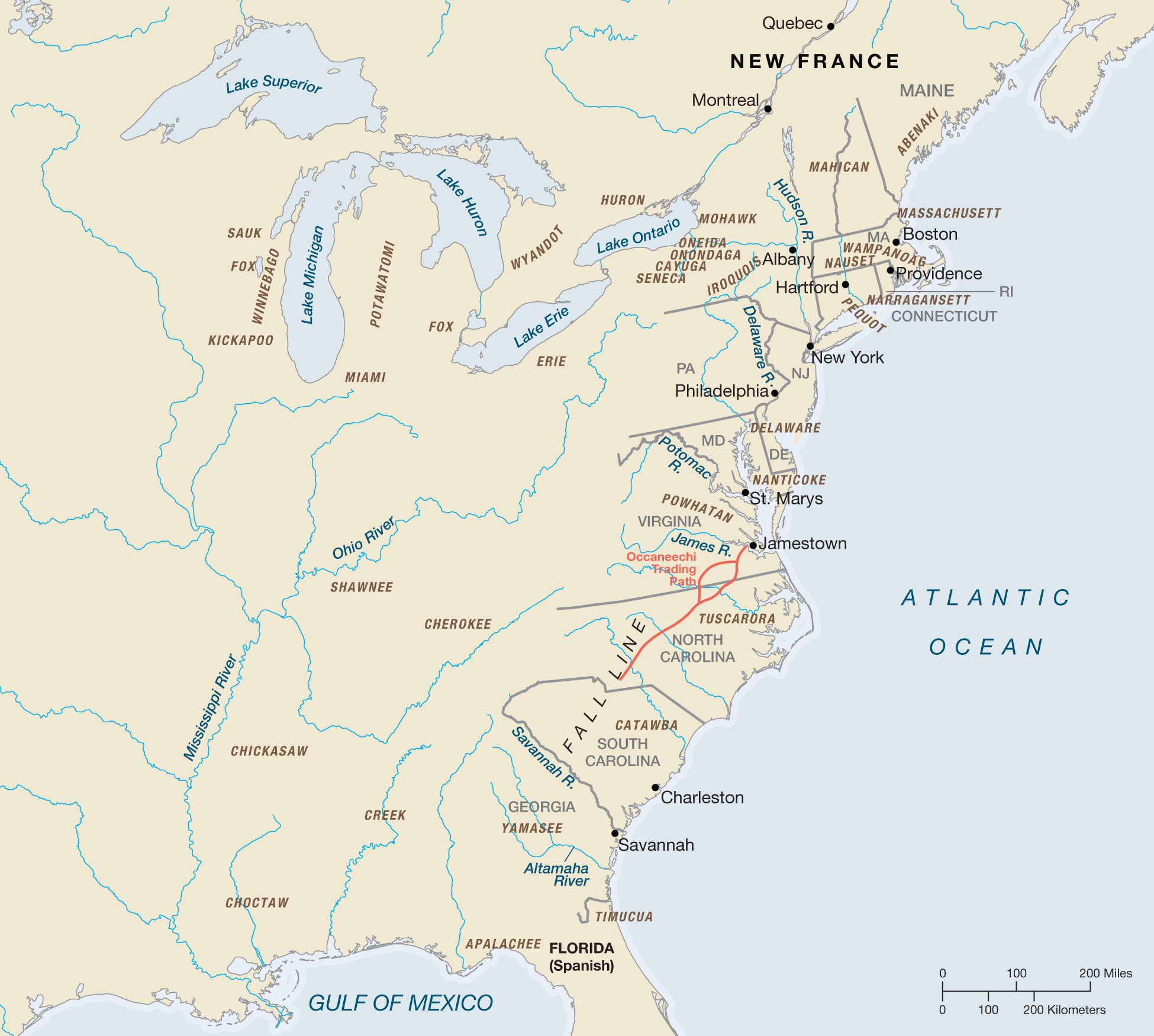 A map titled “European Settlements and Indian Societies in Early North America.” The map shows the area of North America from the Great Lakes region down to the Gulf of Mexico and then east to the Atlantic. Indian societies include the Sauk, Fox, Winnebago, Kickapoo, Miami, Potawatomi, Wyandot, Erie, Huron, Mohawk, Oneida, Onondaga, Cayuga, and Seneca around the Great Lakes; the Shawnee, Cherokee and Chickasaw in the Ohio Valley; the Chocktaw, Creek, Apalachee along the Gulf of Mexico; the Timucua, Catawba, Tuscarora, and Powhatan along the southeast; the Delaware and Manticoke along the eastern coast, and the Pequot, Narragansett, Iroquois, Mahican, Nauset, Wampanoag, Massachusett, and Abenaki in the northeast. European settlements include Albany, Hartford, Providence, New York, Philadelphia, St. Marys, Jamestown, Charleston and Savannah. Questions that accompany the map include the following: Why did European settlement lead to the expansion of hostilities among the Indians? What were the consequences of the trade and commerce between the English settlers and the southern indigenous peoples? How were the relationships between the settlers and the members of the Iroquois League different from those between settlers and tribes in other regions?