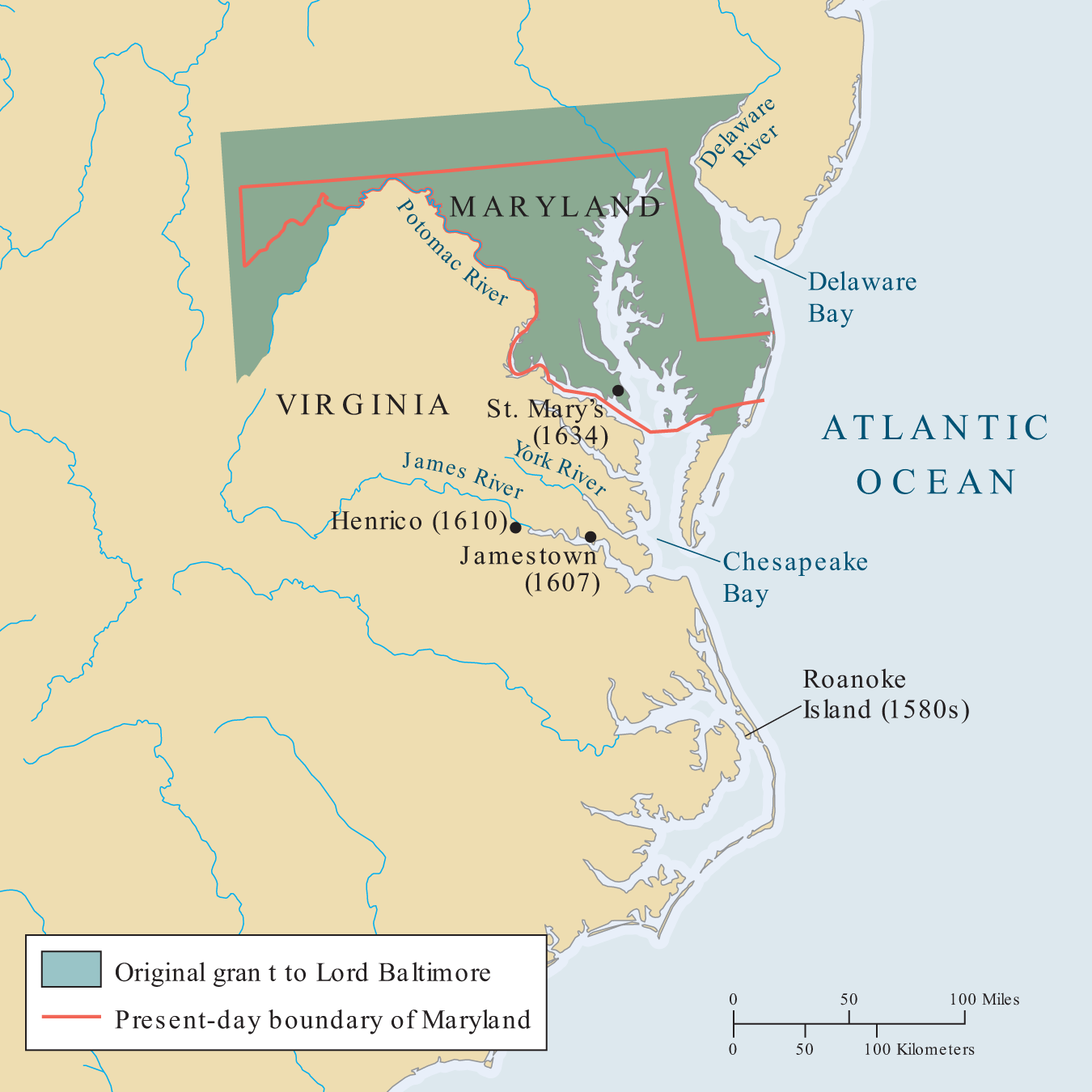 A map titled “Early Maryland and Virginia.” The map shows that the original grant of land to Lord Baltimore is larger than the boundaries of present day Maryland. Other cities labeled on this map include: St. Marys (1634), Henrico (1610), Jamestown (1607), Roanoke Island (1580s). Questions that accompany the map include the following: Why did Lord Baltimore create Maryland? How was Maryland different from Virginia? What were the main characteristics of Maryland’s 1632 charter?