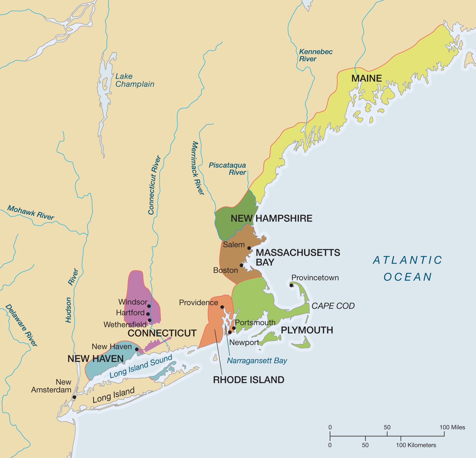 A map titled “Early New England Settlements.” Several settlements are indicated including Maine, New Hampshire, Massachusetts Bay, Plymouth, Rhode Island, Connecticut, and New Haven. Questions that accompany the map include the following: Why did Pilgrims found the Plymouth colony? How were the settlers of the Massachusetts Bay Colony different from those of Plymouth? What was the origin of the Rhode Island colony?