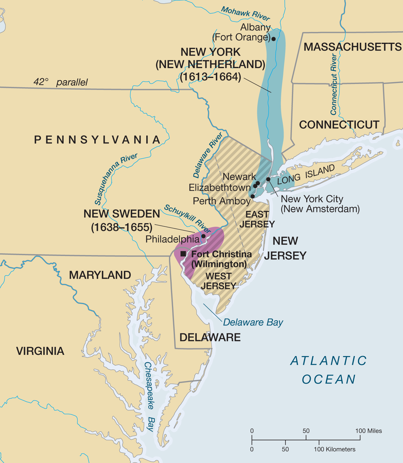 A map titled “The Middle Colonies.” The map shows the eastern seaboard from Virginia to Massachusetts and includes the states of Maryland, Delaware, Pennsylvania, New York, New Jersey, and Connecticut. New Jersey is divided into West Jersey and East Jersey. New Sweden (1638 to 1655) is located along the northern border of West Jersey and includes Philadelphia and Fort Christina (Wilmington). New York (New Netherland) (1613 to 1664) is situated along the Mohawk River and includes the northeastern part of New Jersey, the western tip of Long Island, and it extends all the way north to Albany (Fort Orange). Questions that accompany the map include the following: Why was New Jersey divided in half? Why did the Quakers settle in Pennsylvania? How did the relations with Indians in Pennsylvania compare with other colonies?