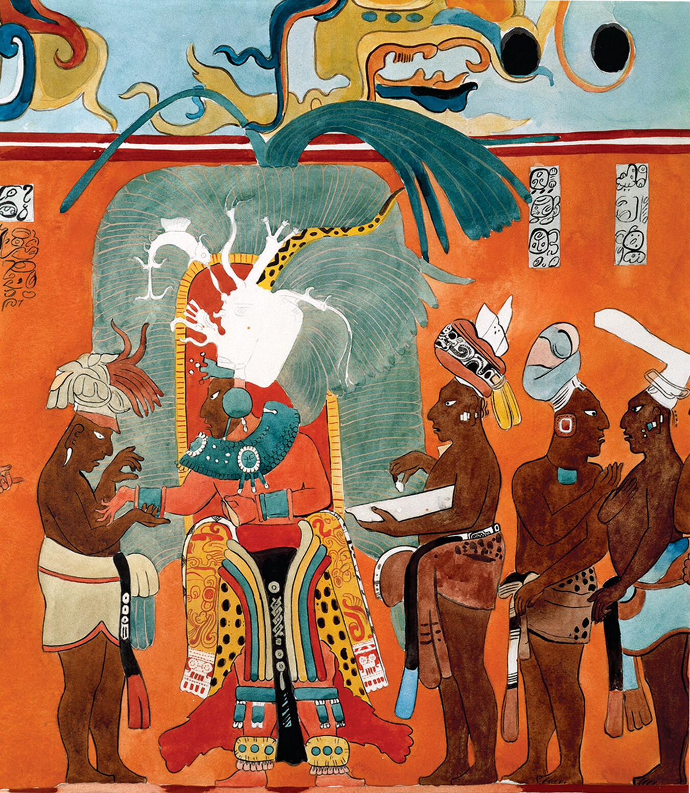 A fresco painting illustrates social divisions of Mayan society. The painting shows a Mayan priest in the center wearing ceremonial clothing. He is surrounded by men on his either side, whose headdresses increase in simplicity and decrease in decorative aspects as the distance from the priest increases.
