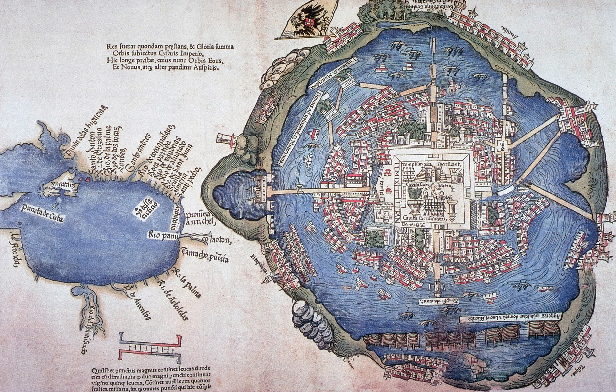 An aerial map of the Mexica capital from 1524. A rectangular temple is at the center with smaller buildings surrounding it. Water surrounds the city and a few bridges cross over the water.