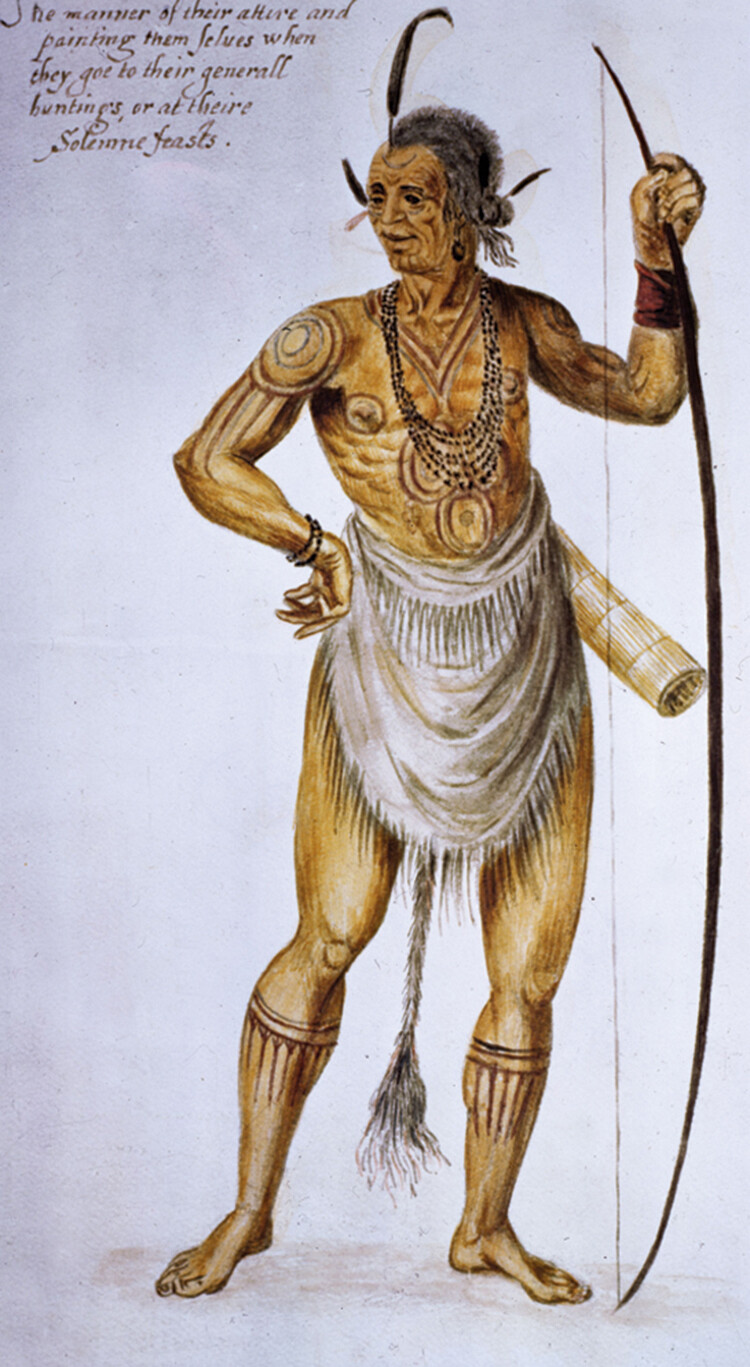 From the notebook of English settler John White, this sketch depicts an Algonquian chief decorated with war paint, holding a long bow. He wears a voluminous, fringed loincloth around his waist and feathers on his ears and forehead. HIs upper body is tattooed.