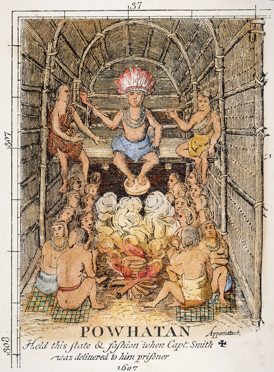 A line engraving of Chief Powhatan from John Smith’s “Generall Historie of Virginia” (1624). Powhatan sits up straight, holding court over those sitting below him with a headdress on his head and a pipe in his hand. The engraving reads: “Held this State and fafhion when Capt. Smith was delivered to him prifoner 1607.”