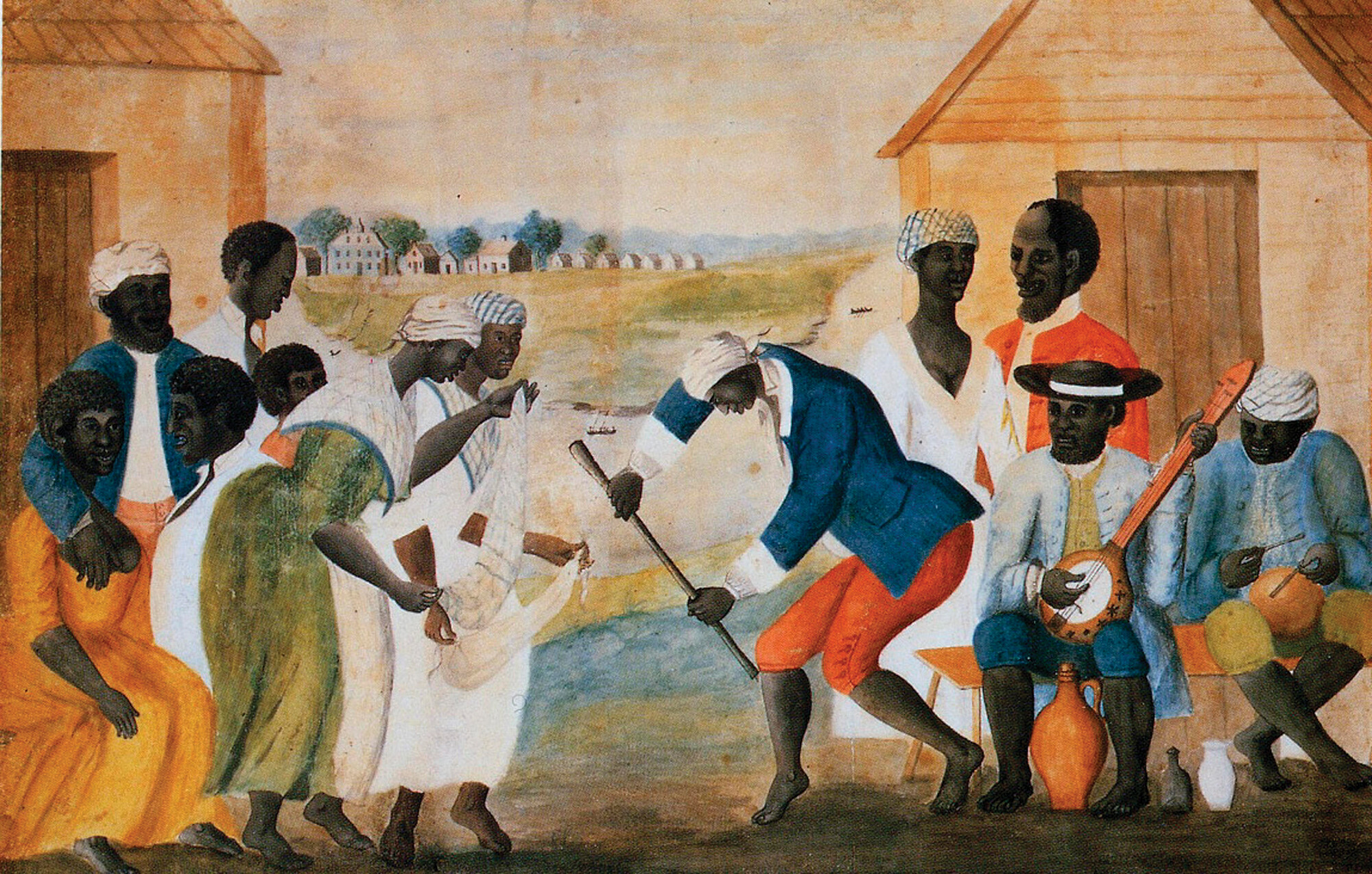 A late eighteenth century painting of a South Carolina plantation with evidence of the survival of African culture. A group of slaves are dancing and playing instruments in front of simple houses. Some pottery is on the ground near their feet.