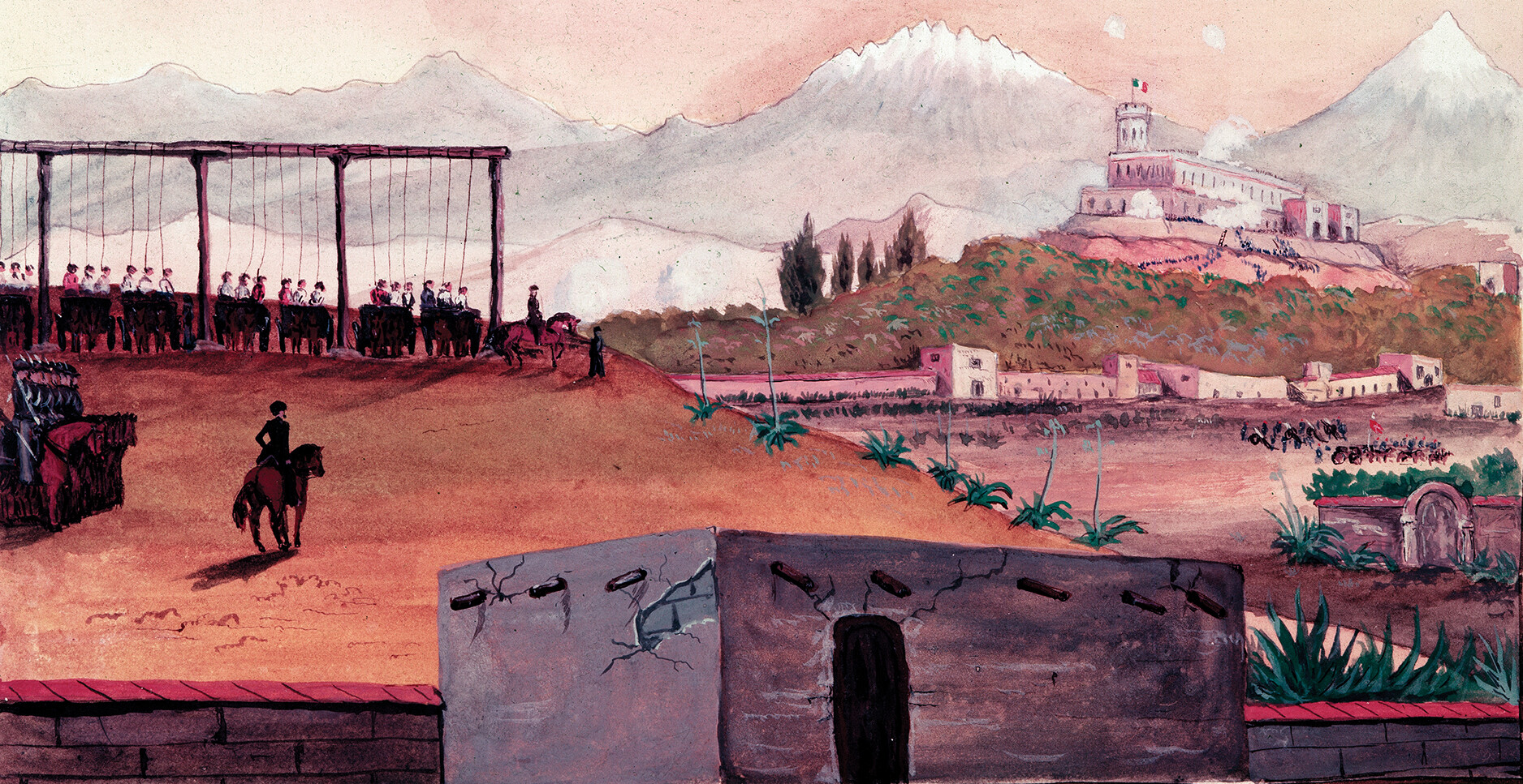 A painting shows Catholic Americans charged with joining the Mexican army lined up to be hanged. On the left side, there are a row of several people beneath gallows. On the right side there is a fortress atop a hill. A few men on horses are also visible and mountains are in the background. A rectangular building is in the foreground.