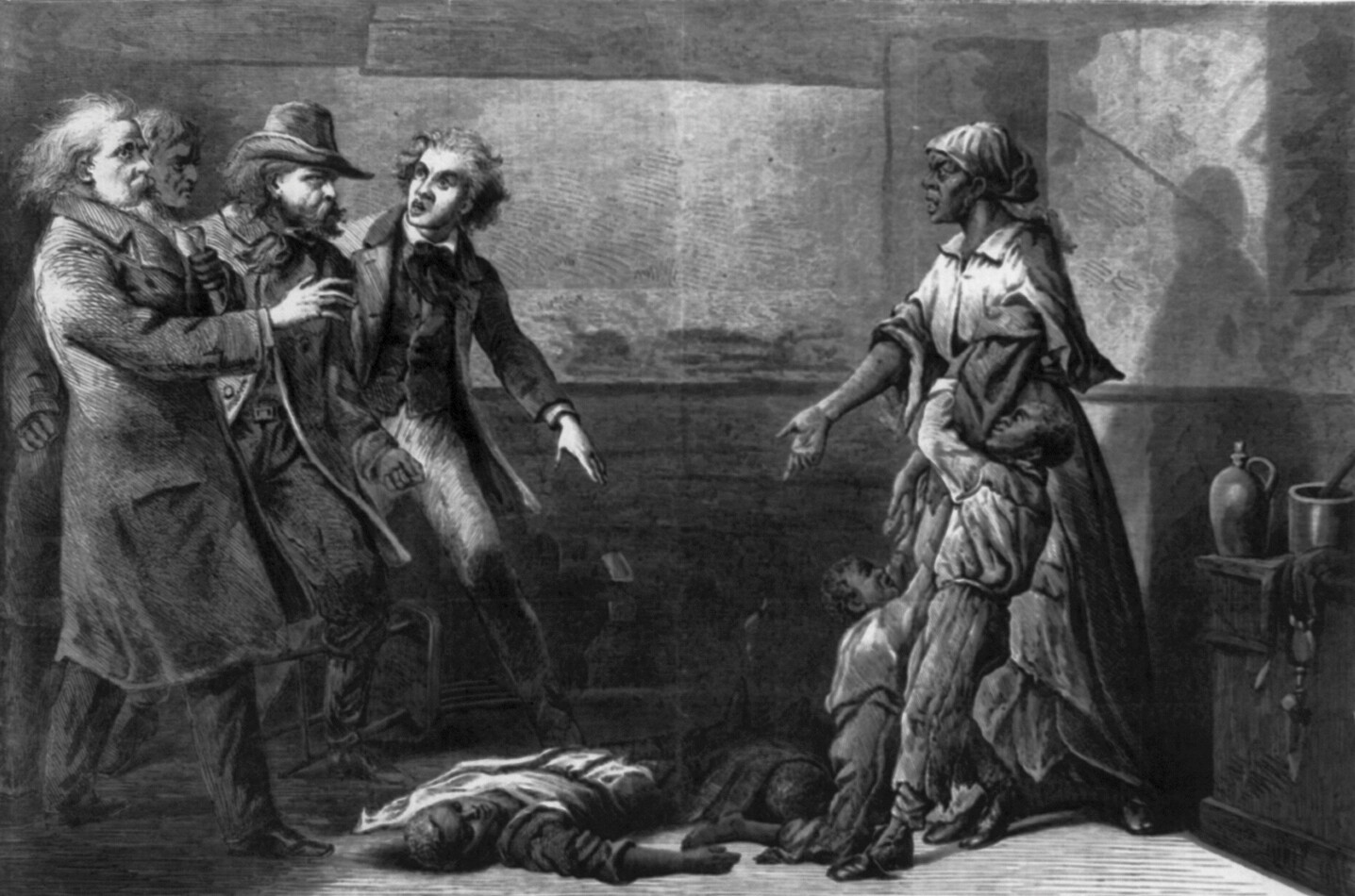 An illustration of Peggy Garner with her children when discovered by slave catchers. On one side of the room is a black woman with a child clinging to her leg. In the center of the room, a dead child is on the floor. Four white men are entering from the other side of the room.