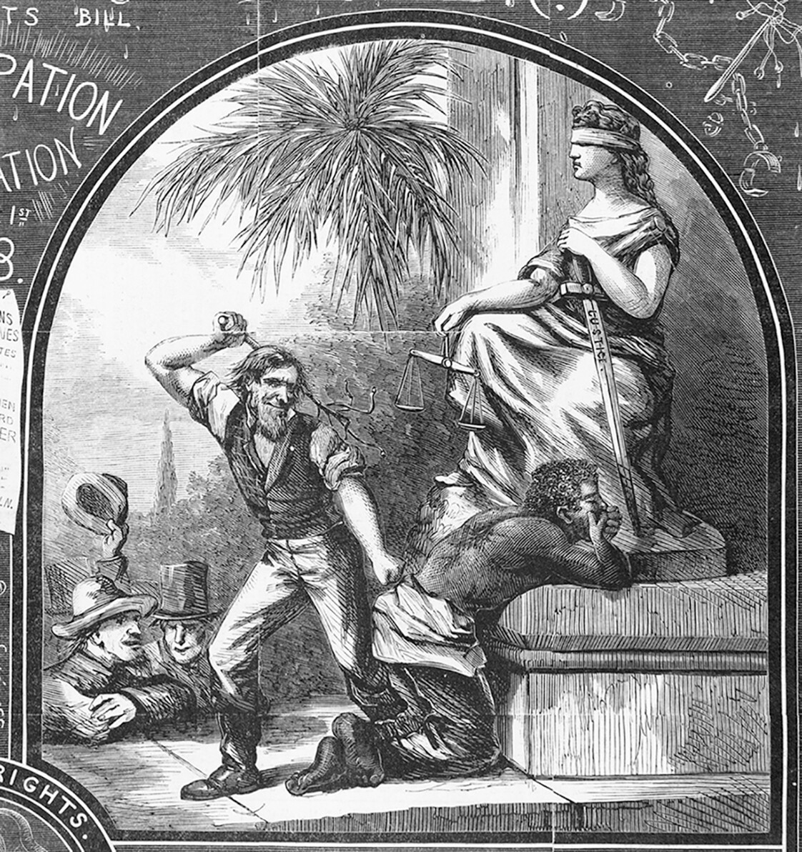 Thomas Nast’s 1867 cartoon shows a black man being whipped by a smiling Uncle Sam as he lies across the feet of a blindfolded Justice. Two white men smile and look on.