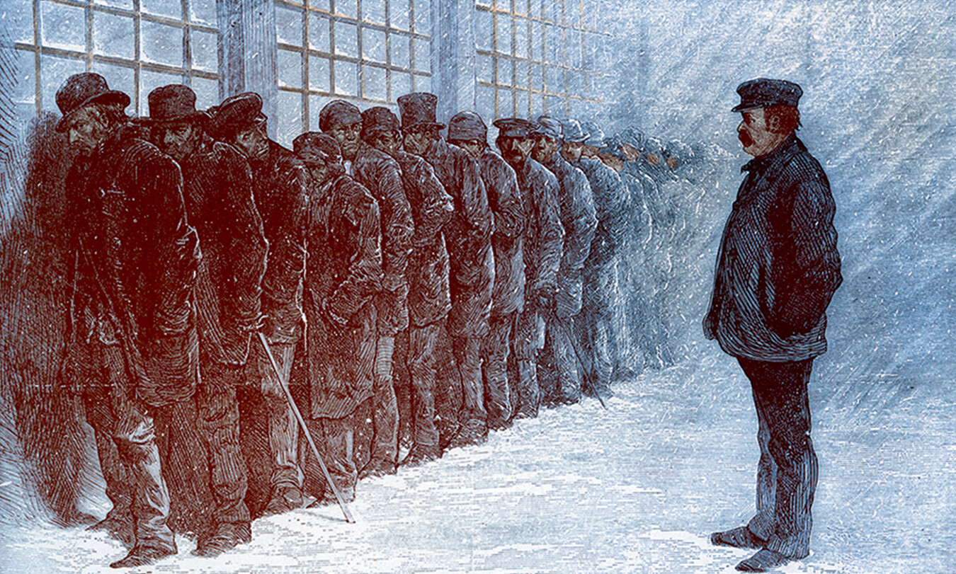 A woodcut shows a line of somber men huddled close to the wall of a New York City hospice, where they hope to get a hot meal during the depression in 1873.
