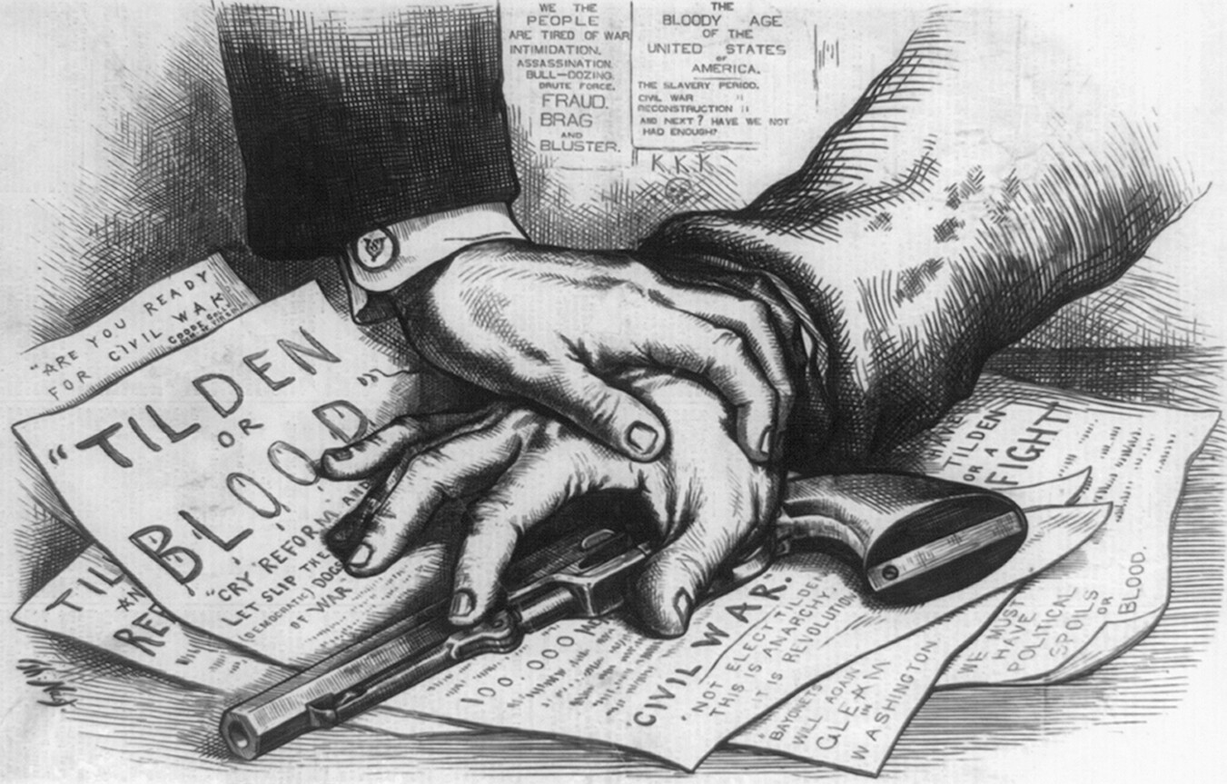 An illustration represents the compromise between Republicans and southern Democrats that ended Radical Reconstruction. One hand holding a pistol is pressed into a table by the hand of a well-dressed man. On the table are flyers with messages like Tilden or Blood and The Bloody Age of the United States of America.