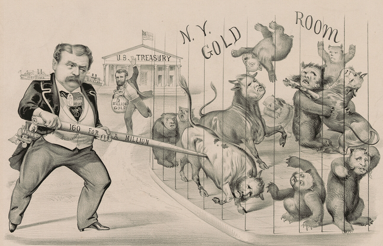 A political cartoon depicts the “Black Friday” gold scheme where Jay Gould attempts to control the gold market is represented on the right as caged and enraged bulls and bears. In the background, President Grant dashes from the U.S. Treasury to the scene, frantically trying to bring down the soaring price of gold. Jay Gould is in the foreground using a sharp staff with the writing “160 for a million” to kill one of the bulls in the cage. 