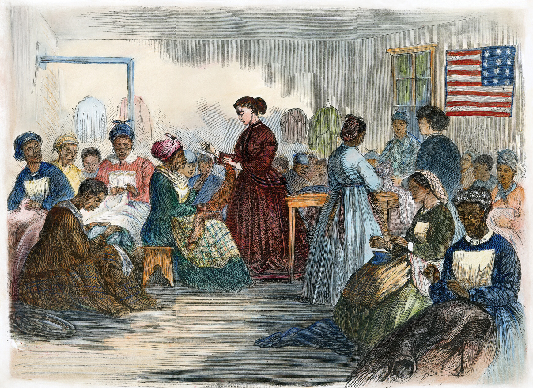 An illustration shows formerly enslaved people sewing jackets and other clothing at a Freedmen’s School in Virginia.