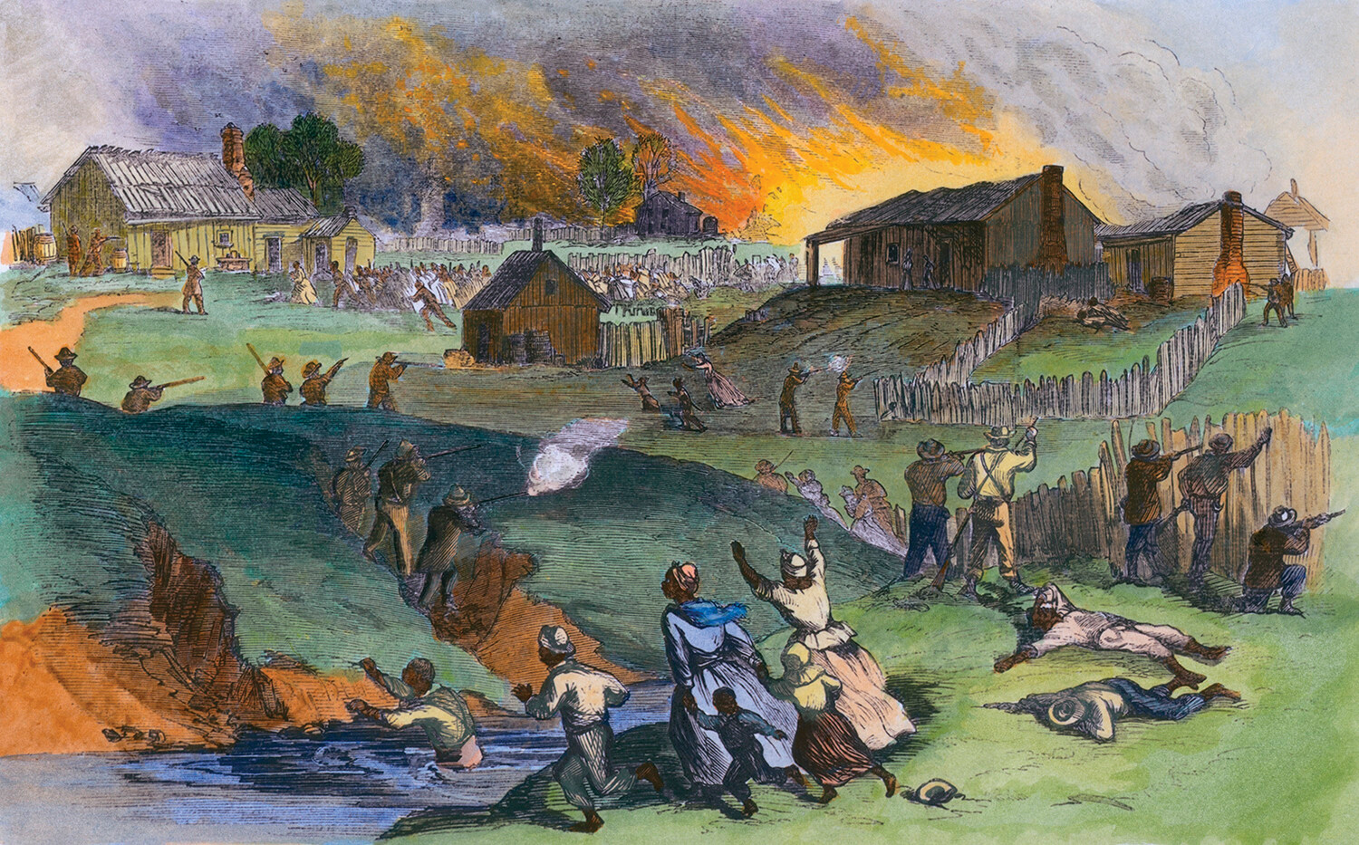 An engraving depicting the race riots in Memphis, Tennessee in 1866. The scene takes place in the countryside. People are running in different directions. Many people are armed and some are firing into the distance. There are several homes in the engraving and a fire is burning in the distance.