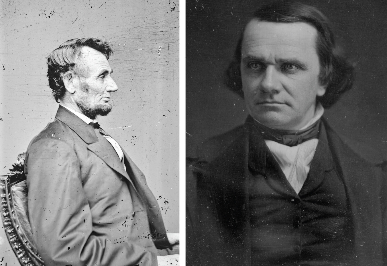 Side by side portraits of Abraham Lincoln and Democratic senator Stephen Douglas, author of the Kansas-Nebraska Act. Lincoln, on the left, is photographed seated, in profile. Douglas, on the right, is photographed frontally and looks to the viewer"s left.