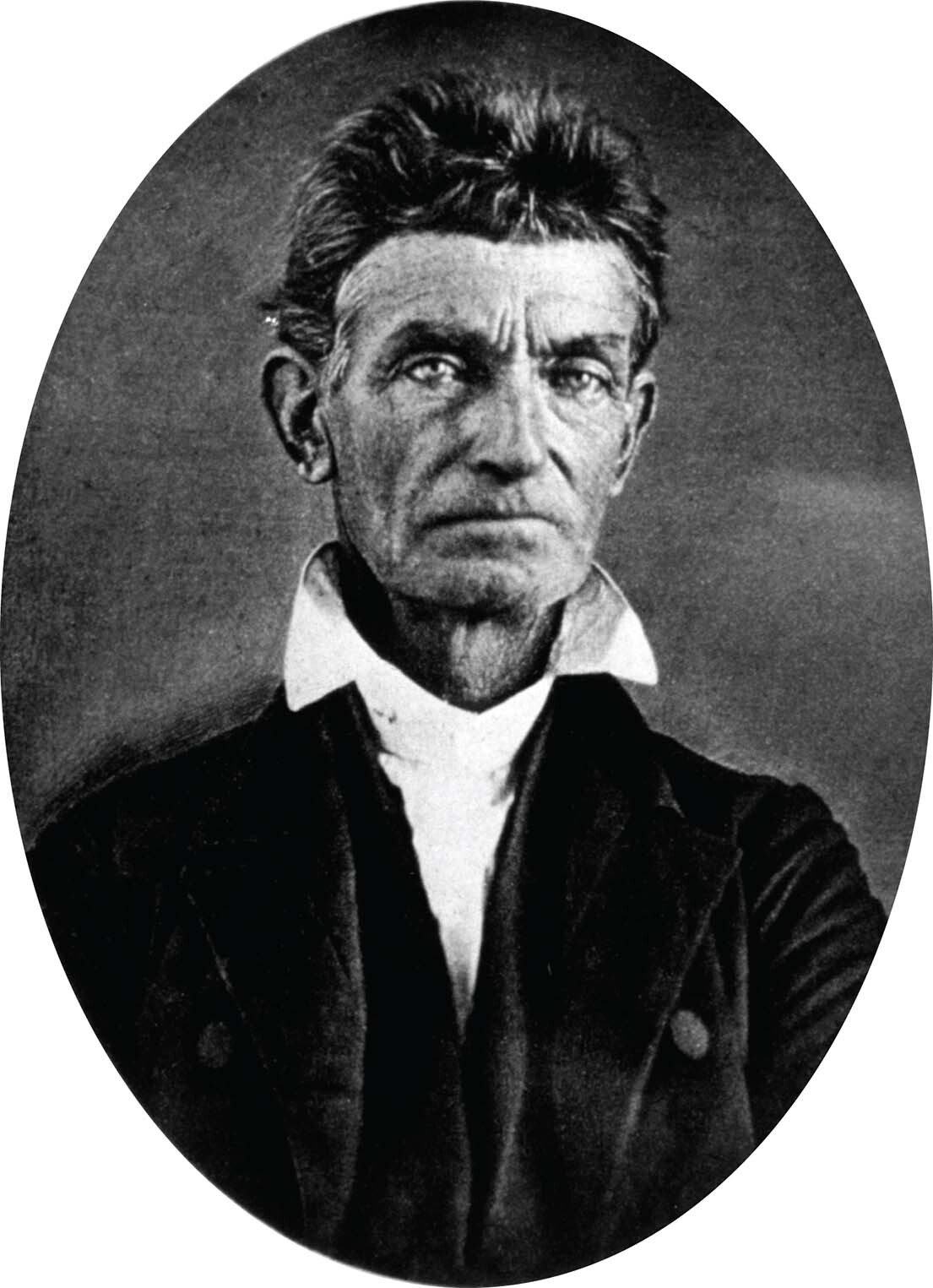 A black and white portrait of John Brown. He is wearing a black jacket and a white shirt with a high collar. 