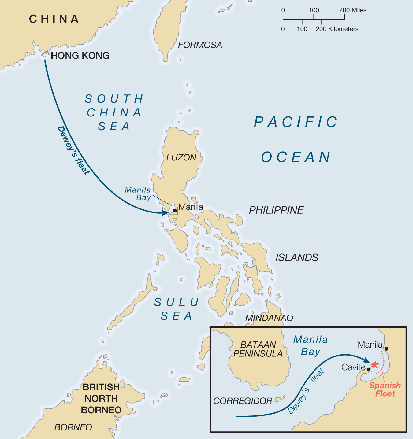A map titled “The Spanish-American War in the Pacific (The War of 1898).” Dewey"s fleet is shown traveling south from Hong Kong to Manila Bay in the Philippines. The inset of Manila Bay shows Dewey"s fleet traveling east and ending at Cavite where there is a battle with the Spanish Fleet.
