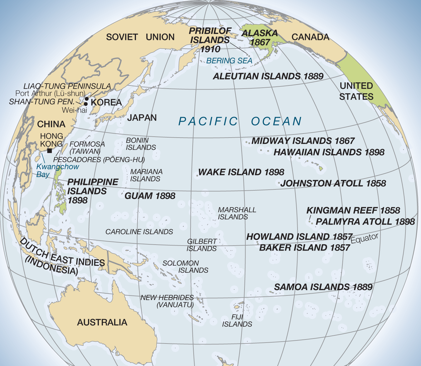 A map titled “U.S. Interests in the Pacific.” The global map shows areas in the Pacific Ocean named and dated indicating United States year of acquisition or occupation. The areas and their corresponding dates included are: Alaska 1867, Midway Islands 1867, Hawaiian Islands 1898, Johnston Atoll 1858, Kingman Reef 1858, Palmyra Atoll 1898, Howland Island 1857, Baker Island 1857, Samoa Islands 1889, Aleutian Islands 1889, Wake Island 1898, Guam 1898, Philippine Islands 1898, and the Pribil of Islands 1910. Other islands listed are: Fiji Islands, New Hebrides, Solomon Islands, Gilbert Islands, Caroline Islands, Marshall Islands, Mariana Islands, and Bonin Islands. 