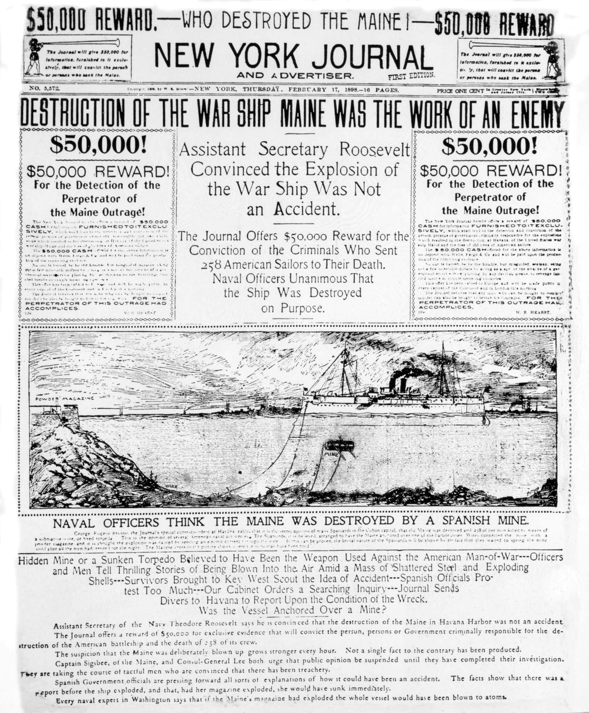 A broadsheet from the New York Journal offers a 50,000 dollar reward for the perpetrator of the sinking of the Maine—the equivalent of 1.3 million dollars today. The front page article declares that the sinking was the work of an enemy, and speculates that it may have been caused by a Spanish mine.