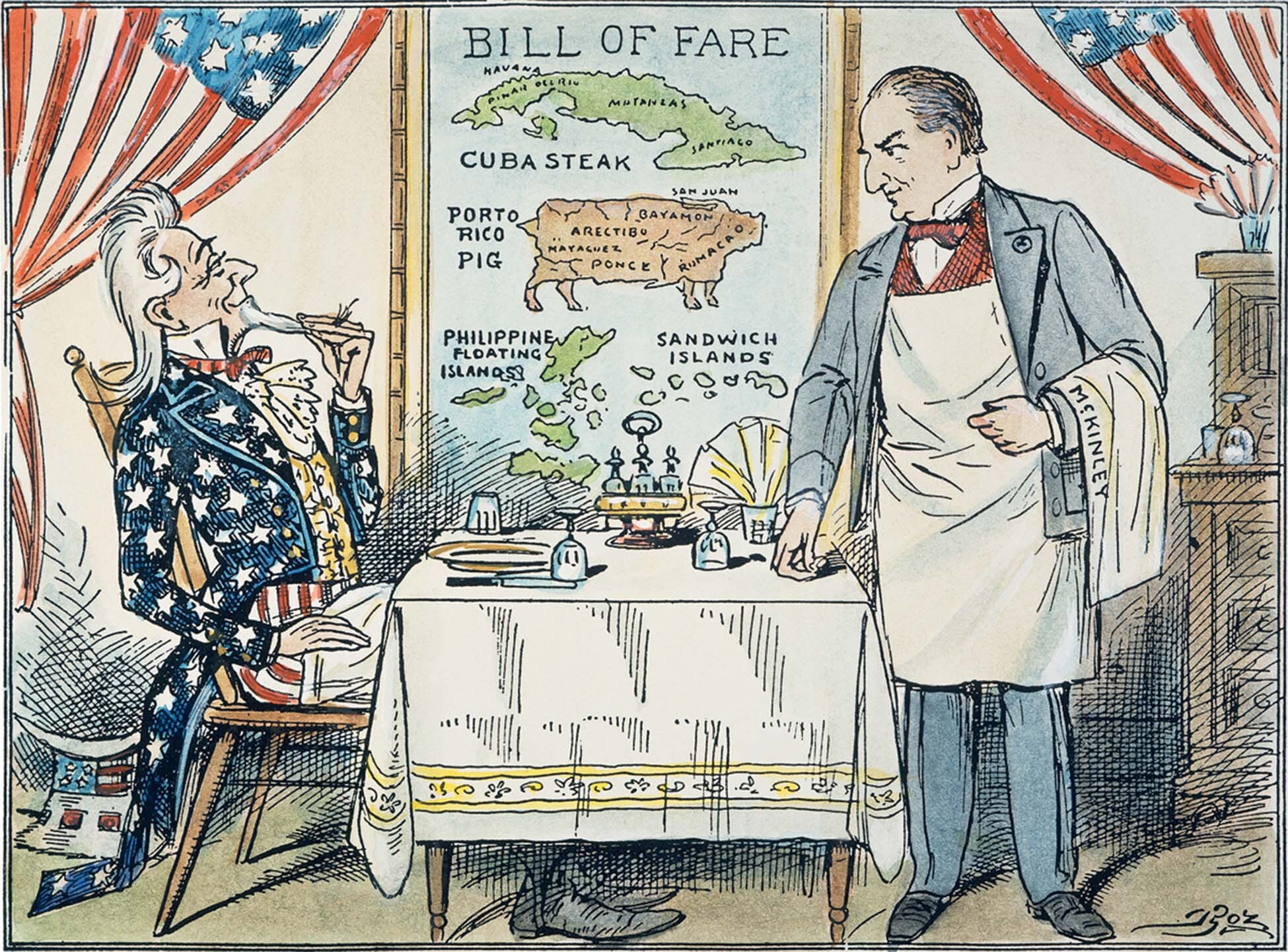 A cartoon showing Uncle Sam at a dining table placing an order to President McKinley who is dressed as a waiter. In the background is a picture of different islands. It reads, “Bill of Fare. Cuba Steak. Porto Rico Pig. Philippine Floating Islands. Sandwich Islands.”