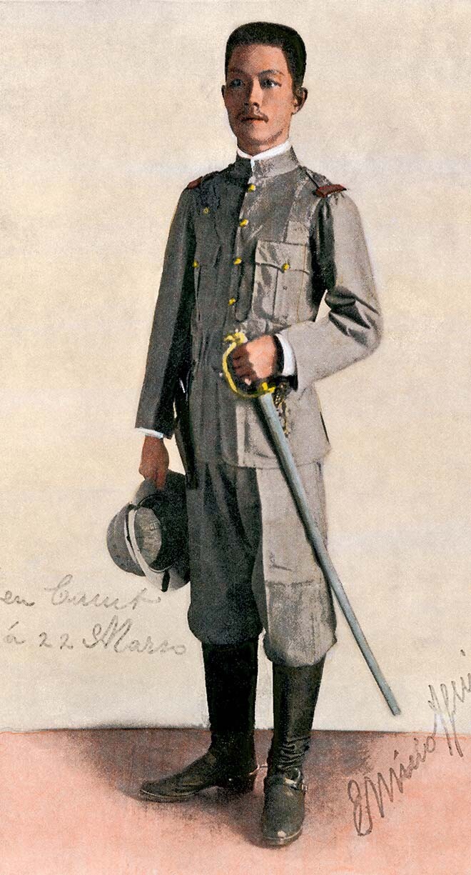 An illustration shows the first president of the Philippines, Emilio Aguinaldo, in his military uniform and holding a sword.
