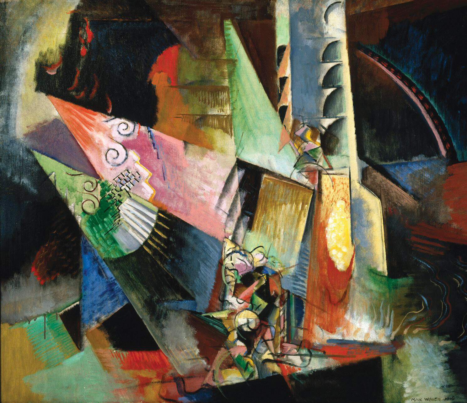 An abstract painting that depicts two ballet dancers on stage.
