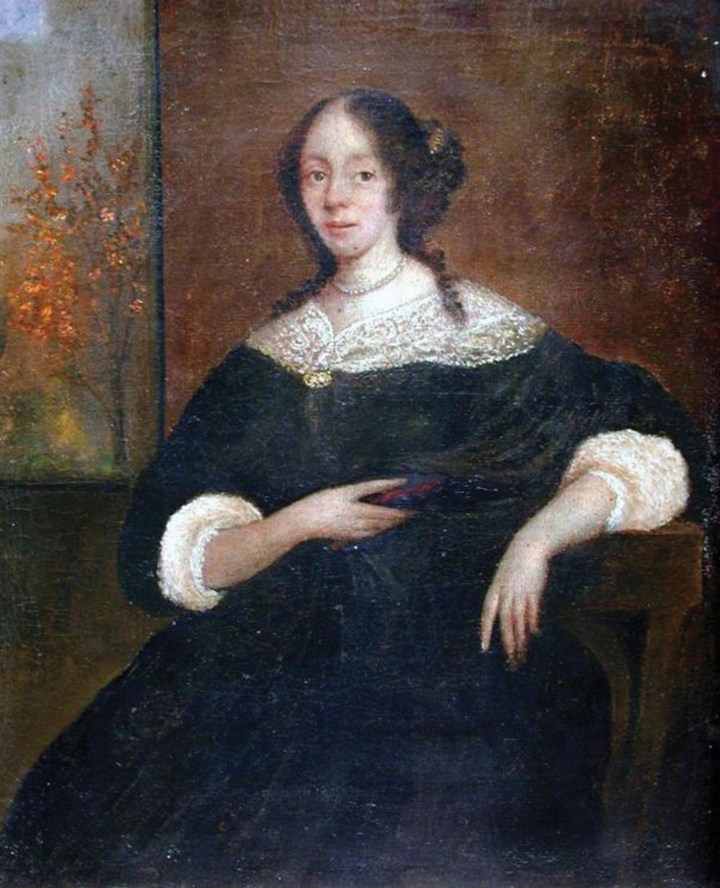 A painted portrait of a young woman wearing a long, black dress, a tight necklace, and her hair in an updo.