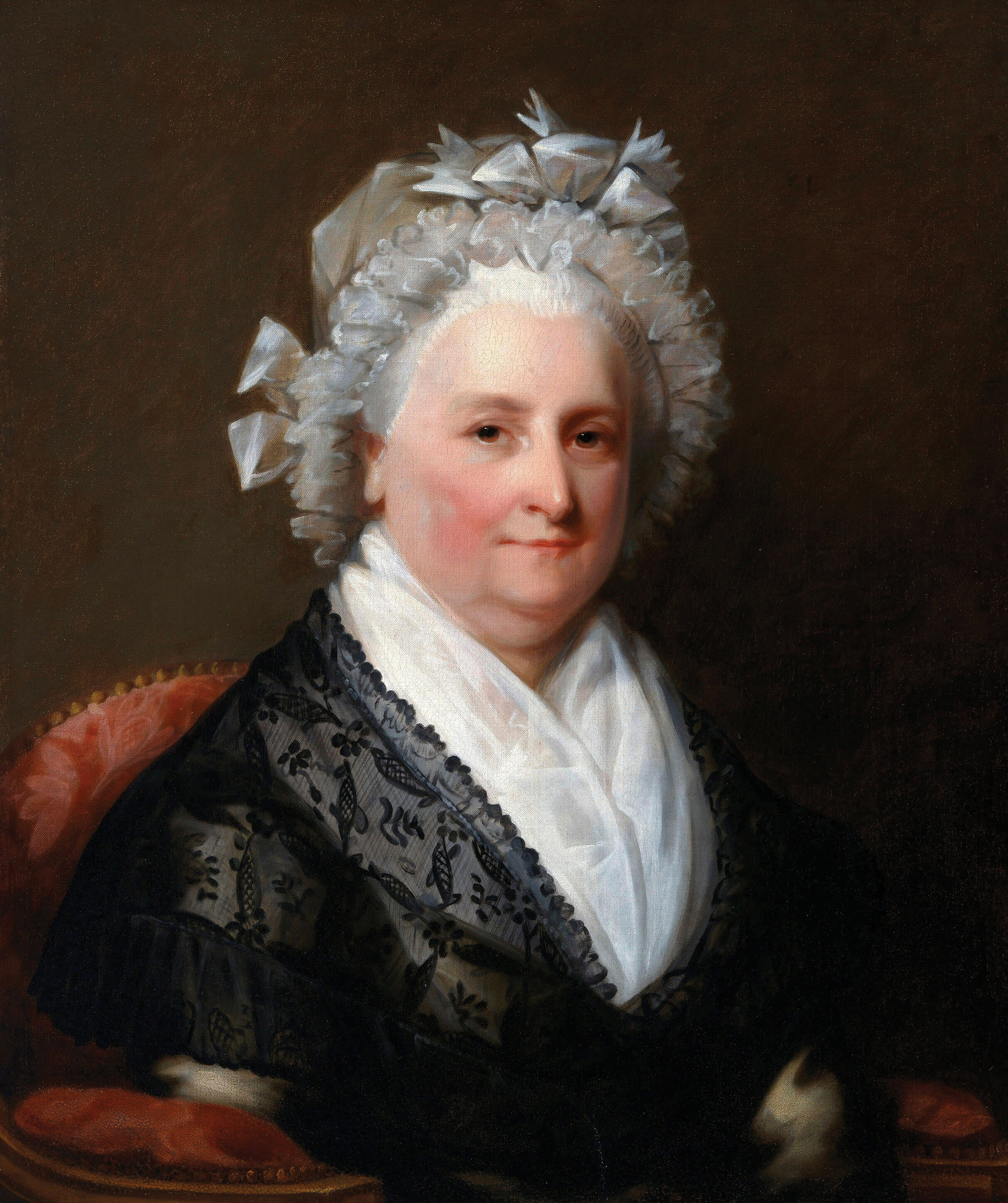 A painted portrait of a woman wearing a black, lace shawl over a thick, white shirt.