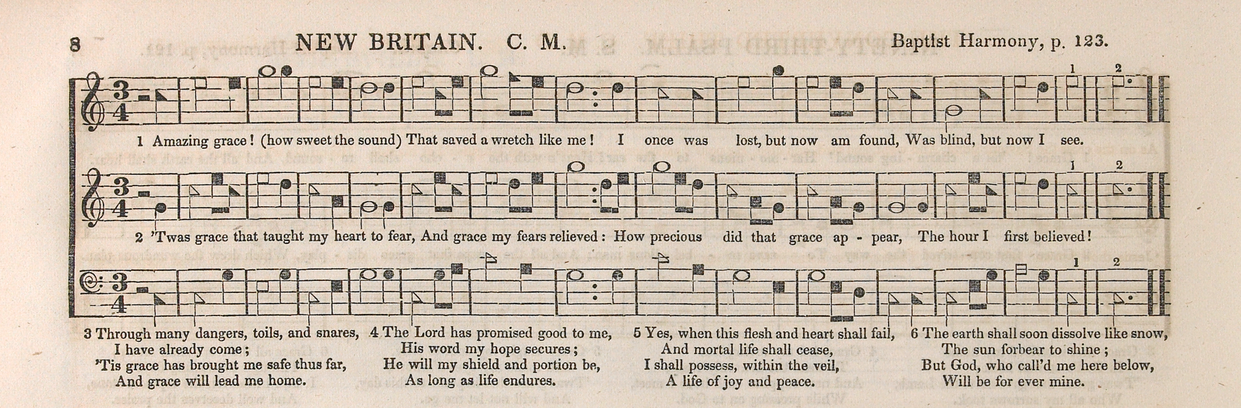 Amazing Grace reprinted in The Southern Harmony. There are 3 staffs of music, with the melody on the middle staff.