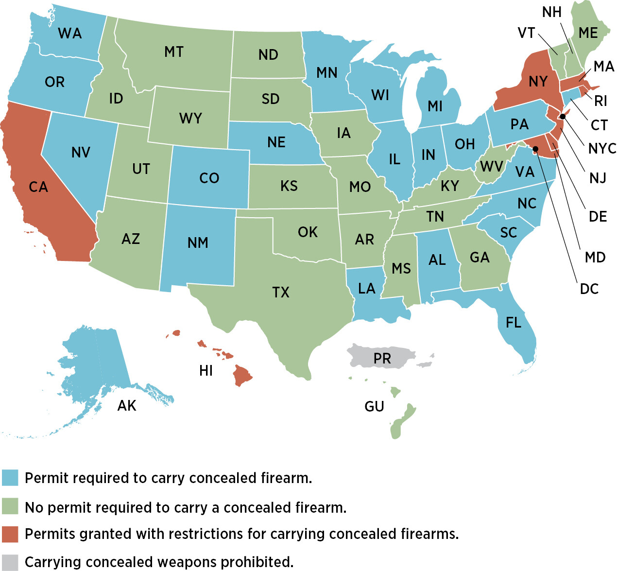Figure 3.1, titled “Map of Gun Laws by State, 2024.”