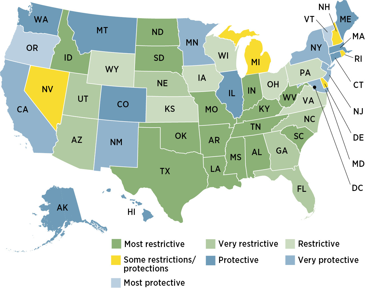 Figure 3.2, titled “Map of Abortion Laws by State, 2024.”