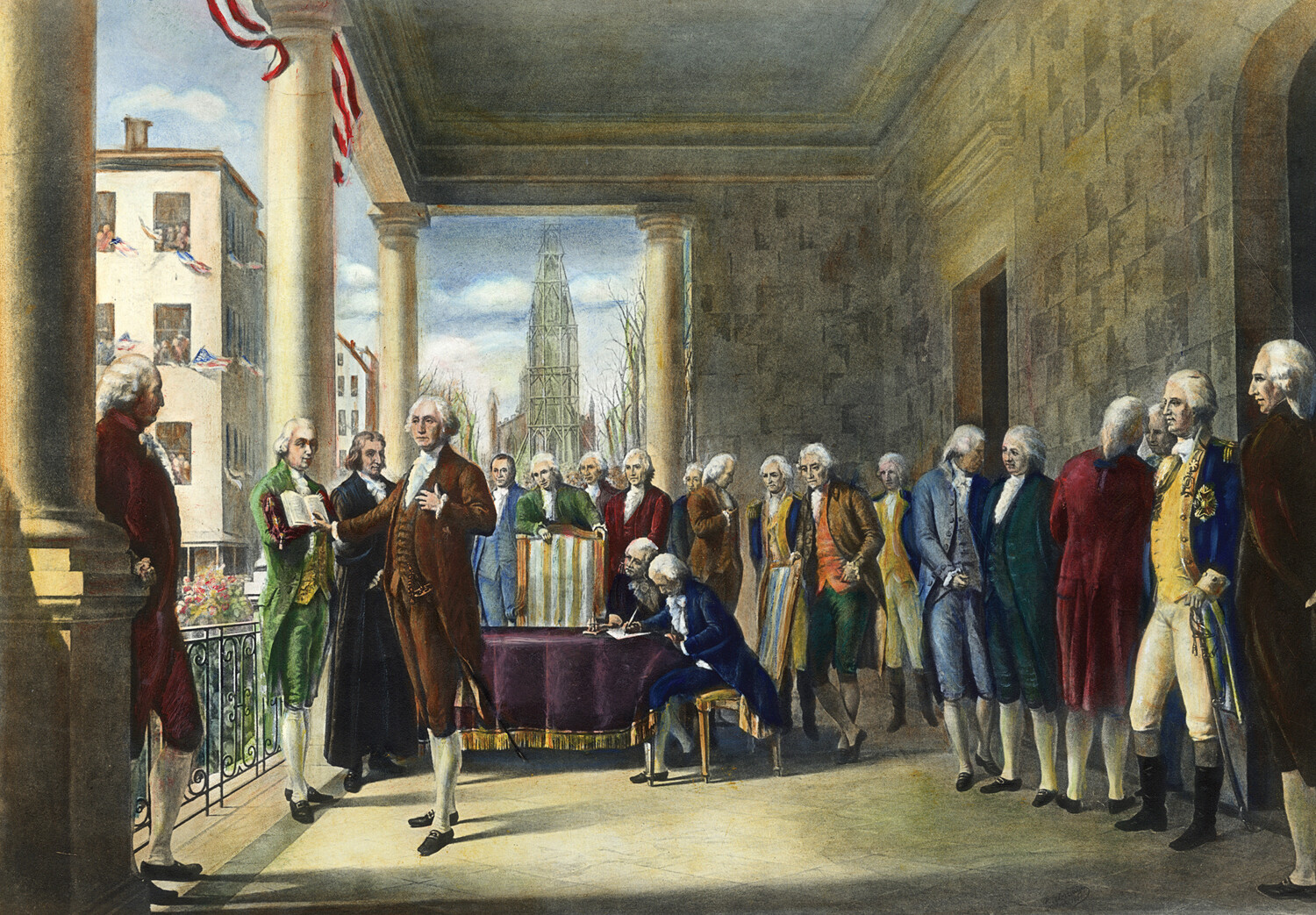 A painting of the first presidential inauguration. A group of Well-dressed white men gather, facing George Washington.