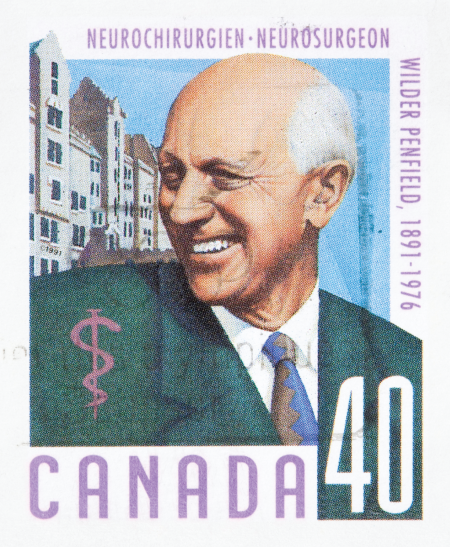 A scanned image shows a Canadian stamp having the image of Neurosurgeon Wilder Penfield, 1891 to 1976.