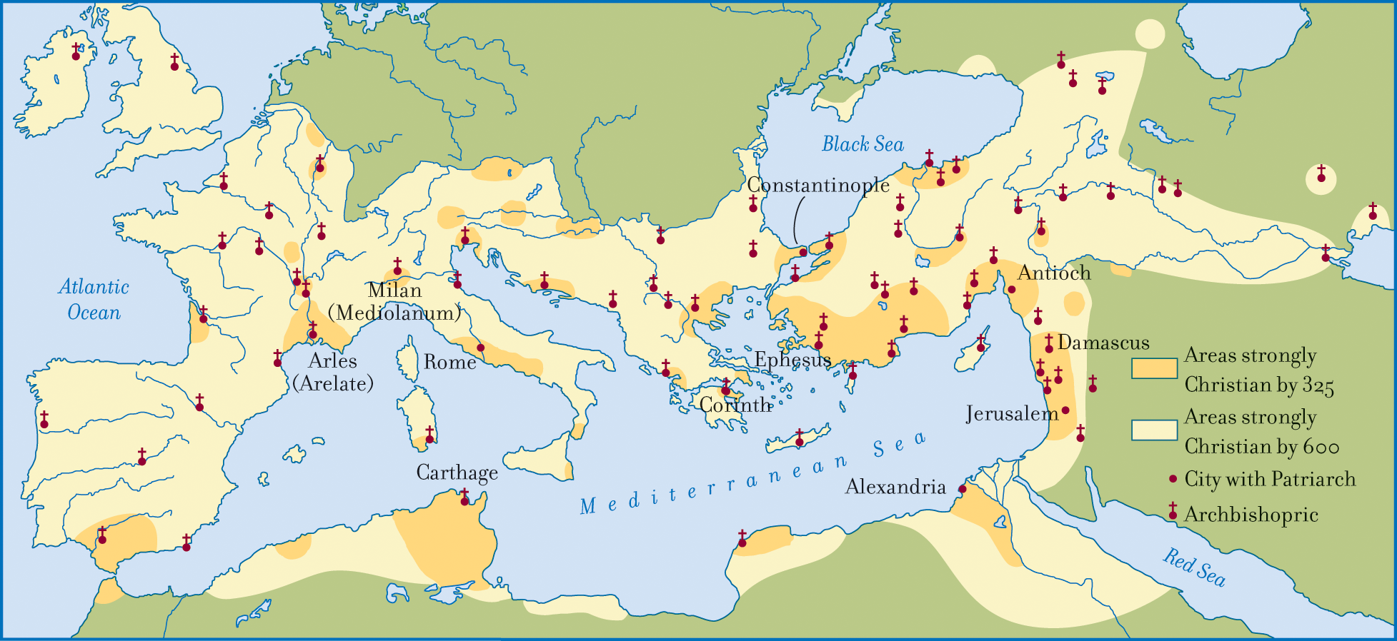 A map showing areas in Europe, North Africa, and Western Asia, which were strongly Christian in 325 and 600 C E.