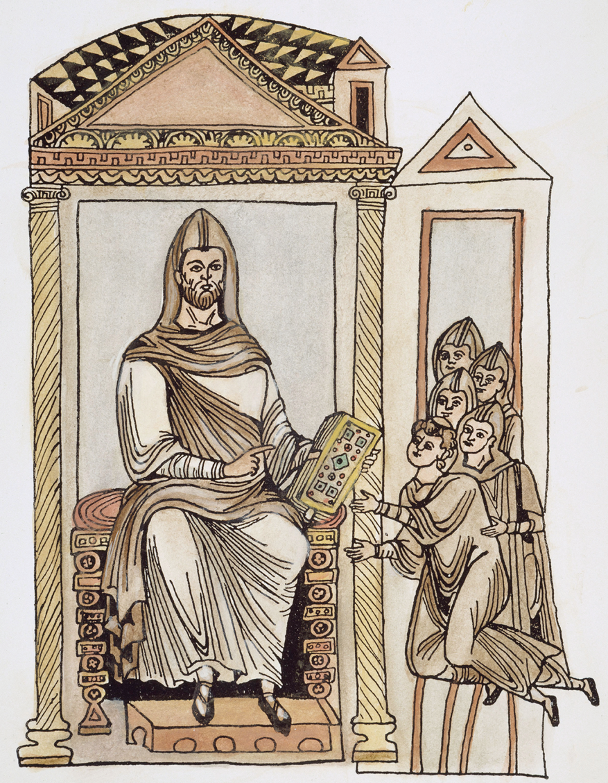 A drawing features Saint Benedict, dressed in clerical regalia, sitting on a dais underneath a small canopy.