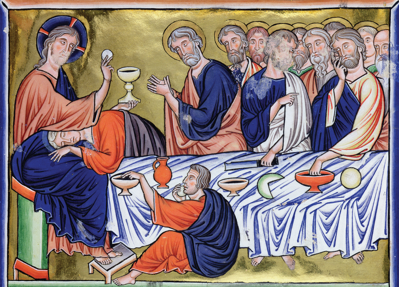 A manuscript illumination page depicts the Last Supper.