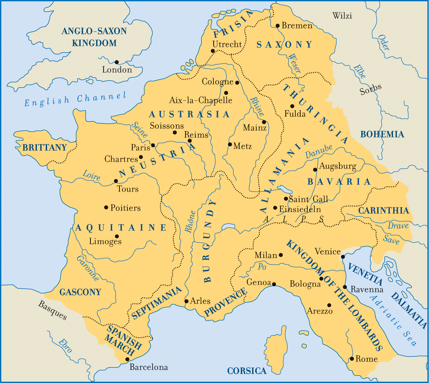 A map shows the Holy Roman Empire—spread across Europe and centered at present-day France.