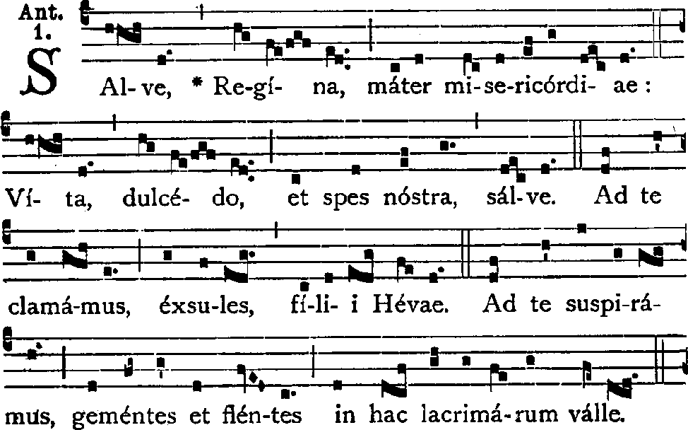 An excerpt from the opening phrases to the antiphon of Salve Regina, in a modern notation book.