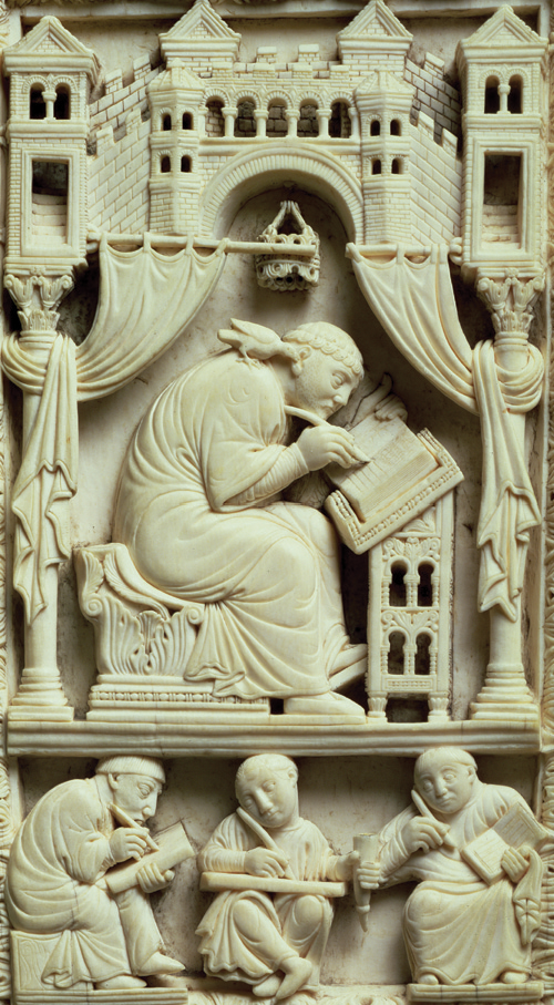 A carved ivory relief depicts Saint Gregory in several stages of writing a chant.