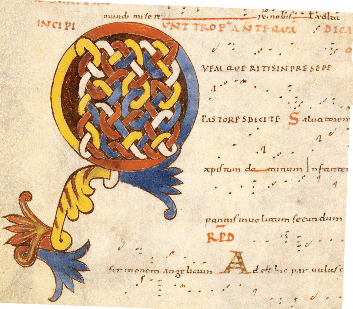 A manuscript page features an illustration alongside an early notation of Quem queritis in presepe.