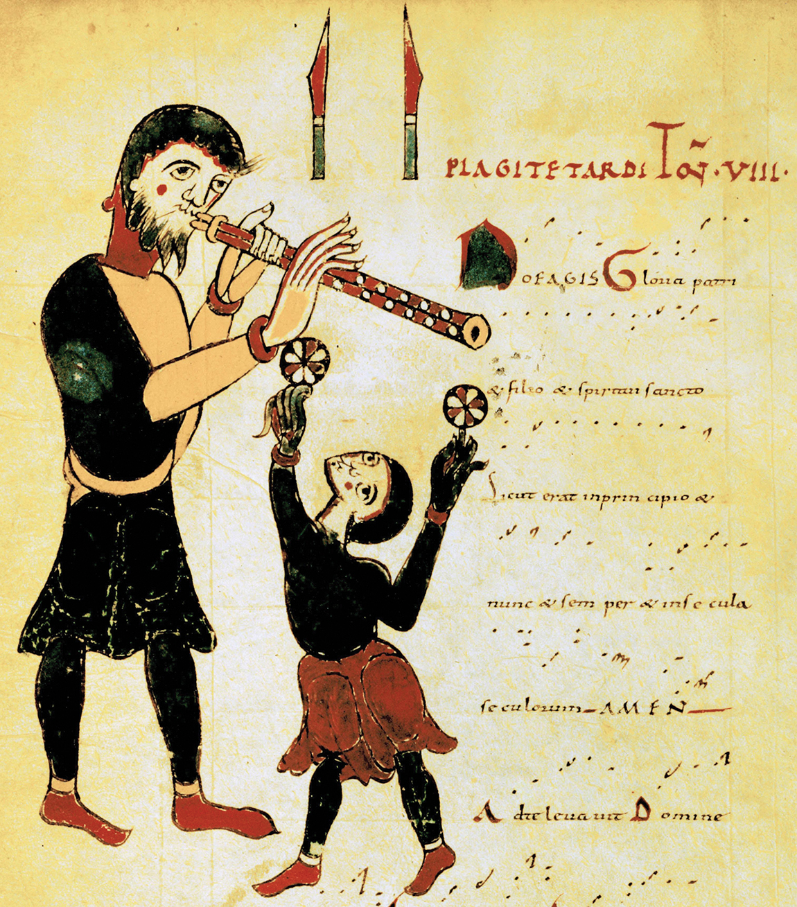 A manuscript features an illumination of a juggler and a musician, alongside an early notation of an anonymous composition.