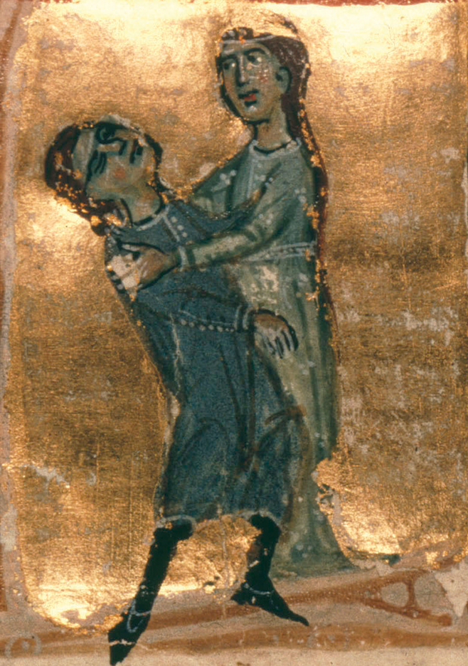 A worn manuscript illumination features a troubadour dancing with a noblewoman.