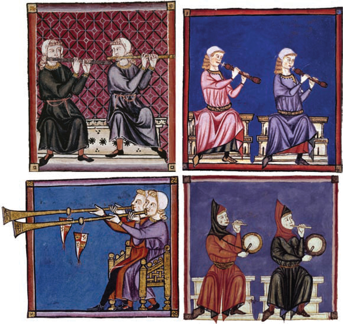 A four-panel illustration showing pairs of musicians playing different instruments.