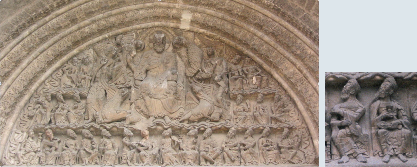 A photo of a semicircular tympanum on the left and an inset photo of a detail, on the right.