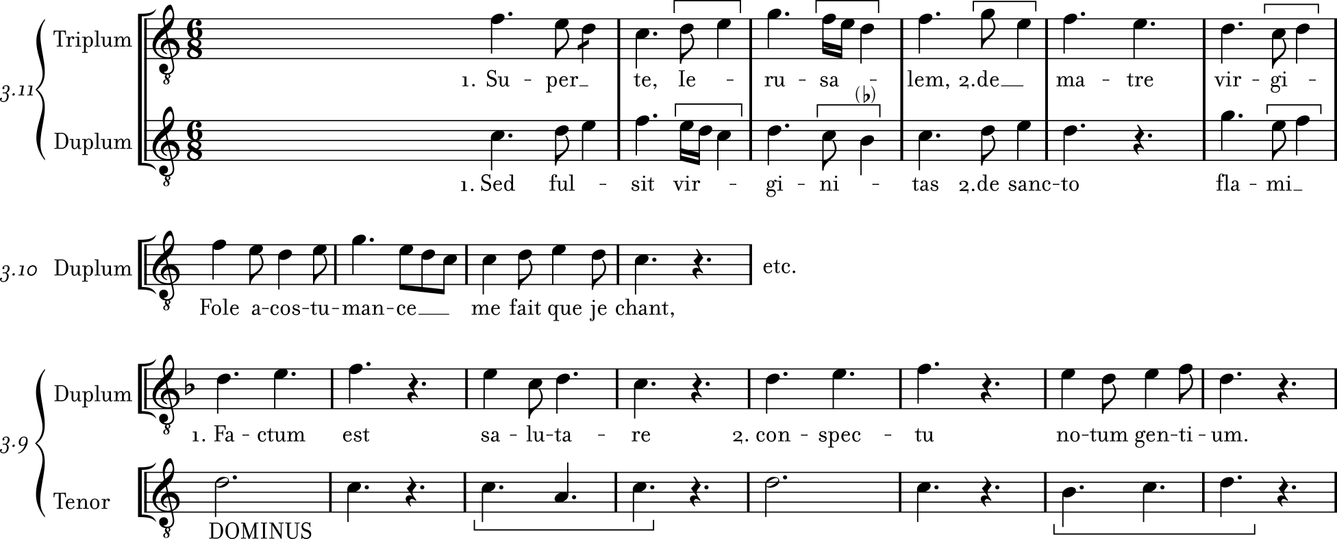 A composite of the Examples 3.9, 3.10, and 3.11, all on the same tenor or cantus firmus, “Dominus.”