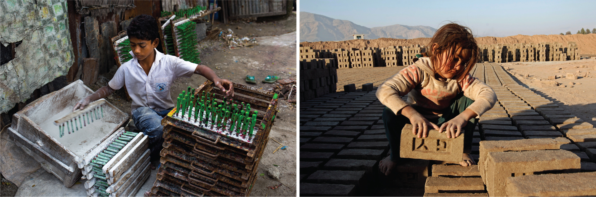 A boy sits in an alley dipping rods on racks into a container.; A young girl stacks bricks in rows.