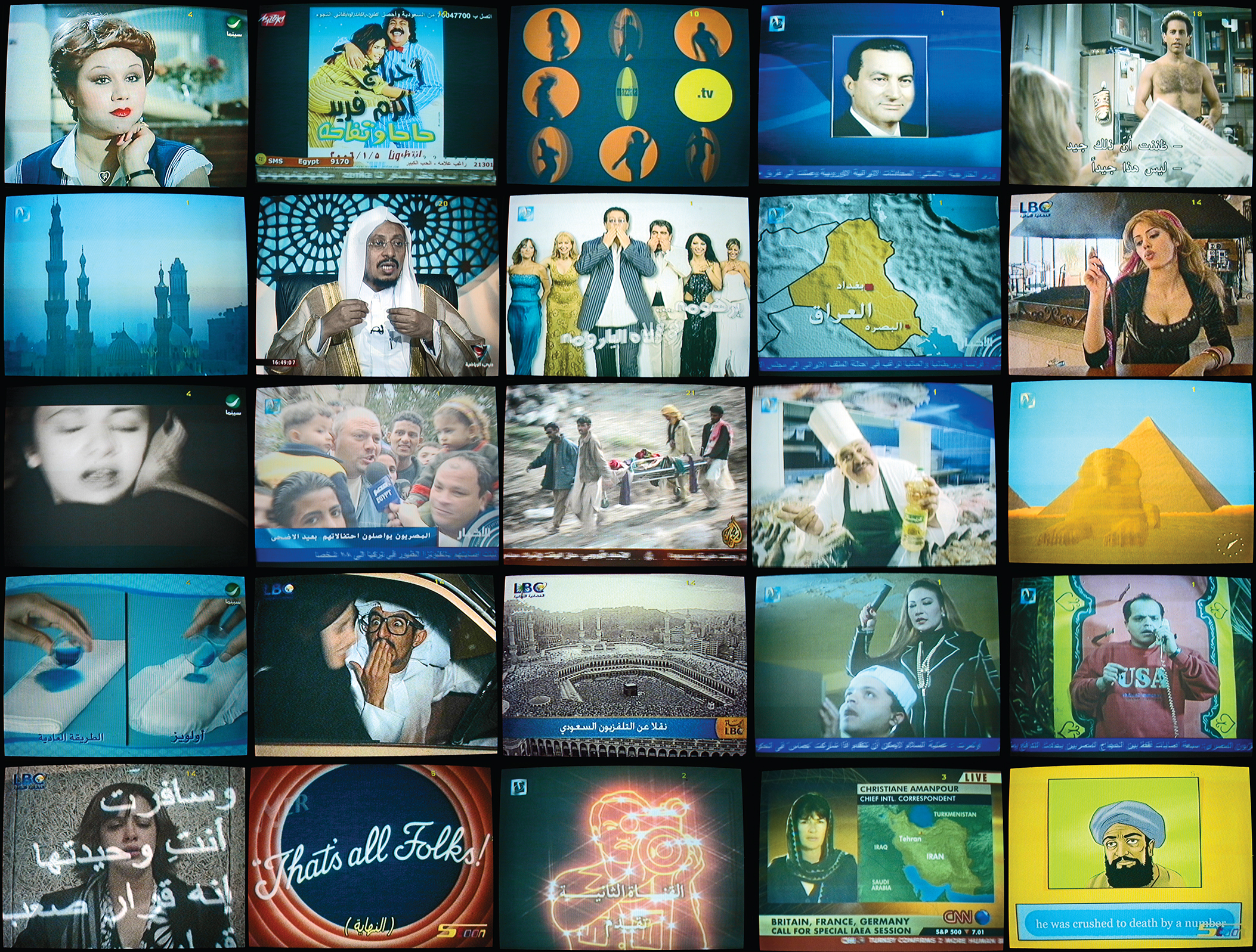 A grid of 25 squares that depict different television shows.