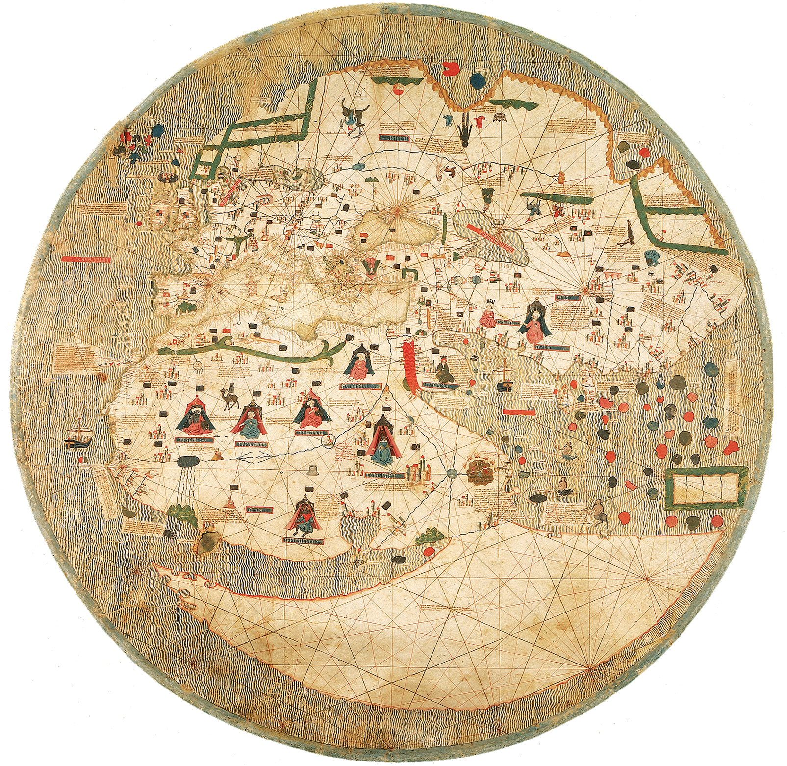 The 1375 Catalan Atlas, a circular map with many lines, shapes, and symbols representing the known world.