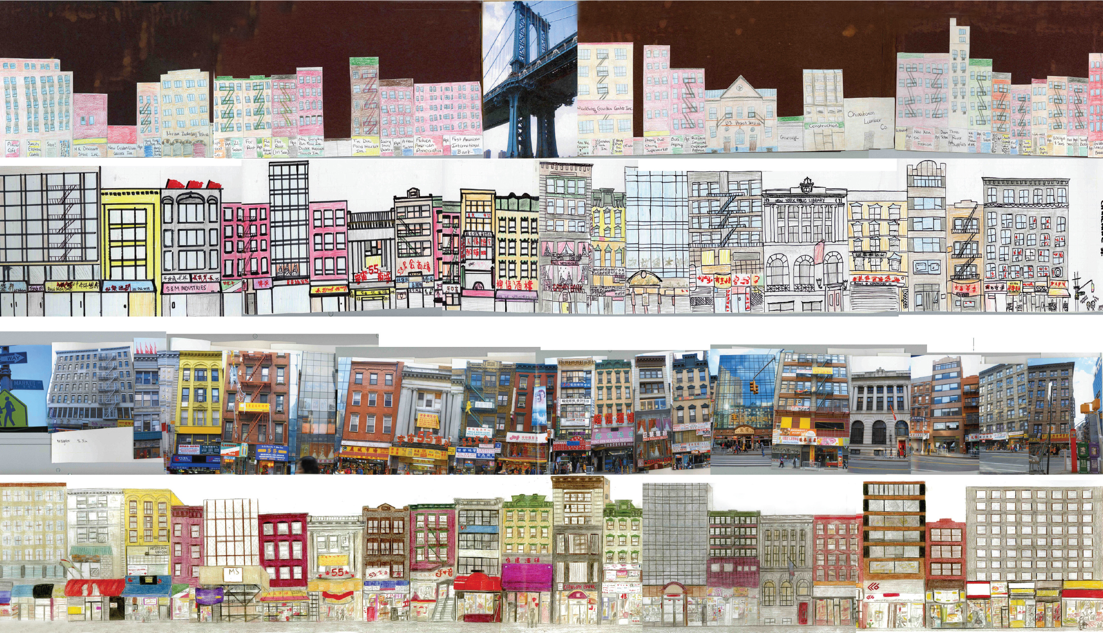 Four rows of artwork of building facades of a New York City street.