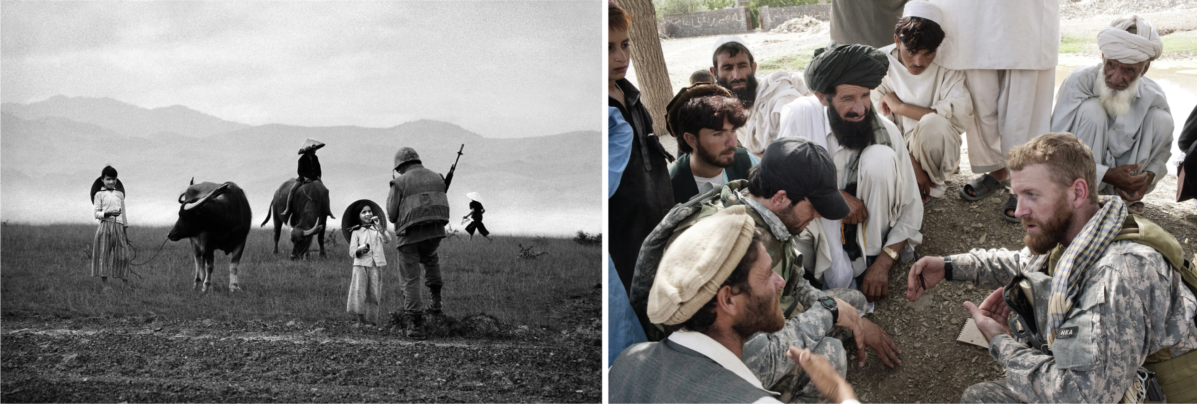A black and white photo of a soldier with a machine gun talking to a young girl in a field.; Two soldiers dressed in camouflage squat down to converse with bearded men in robes and turbans.
