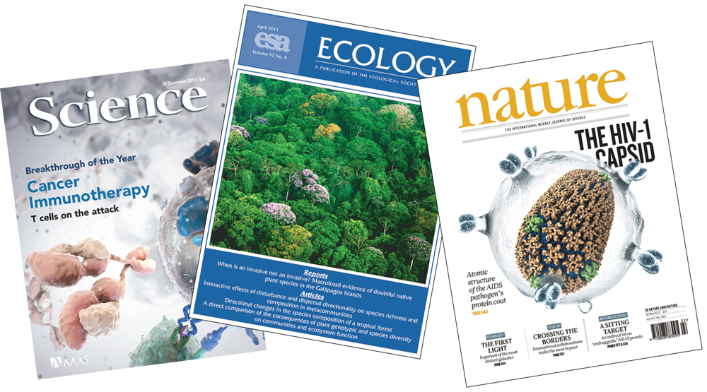 The covers of three science journals: Science, Ecology, and Nature.